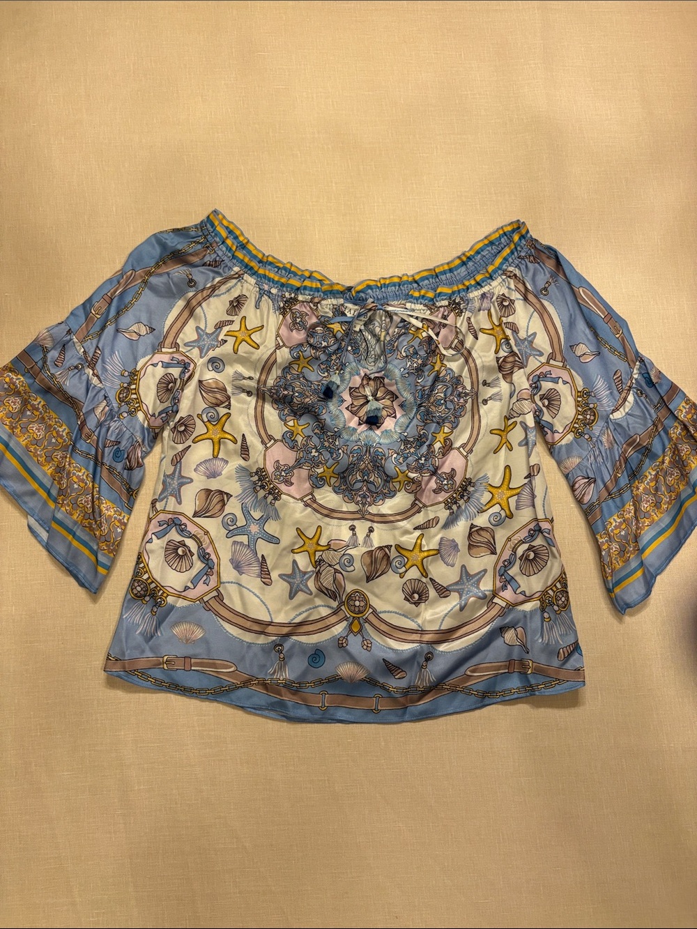 Hale Bob Blue and Cream Off-Shoulder Seashell Print Top